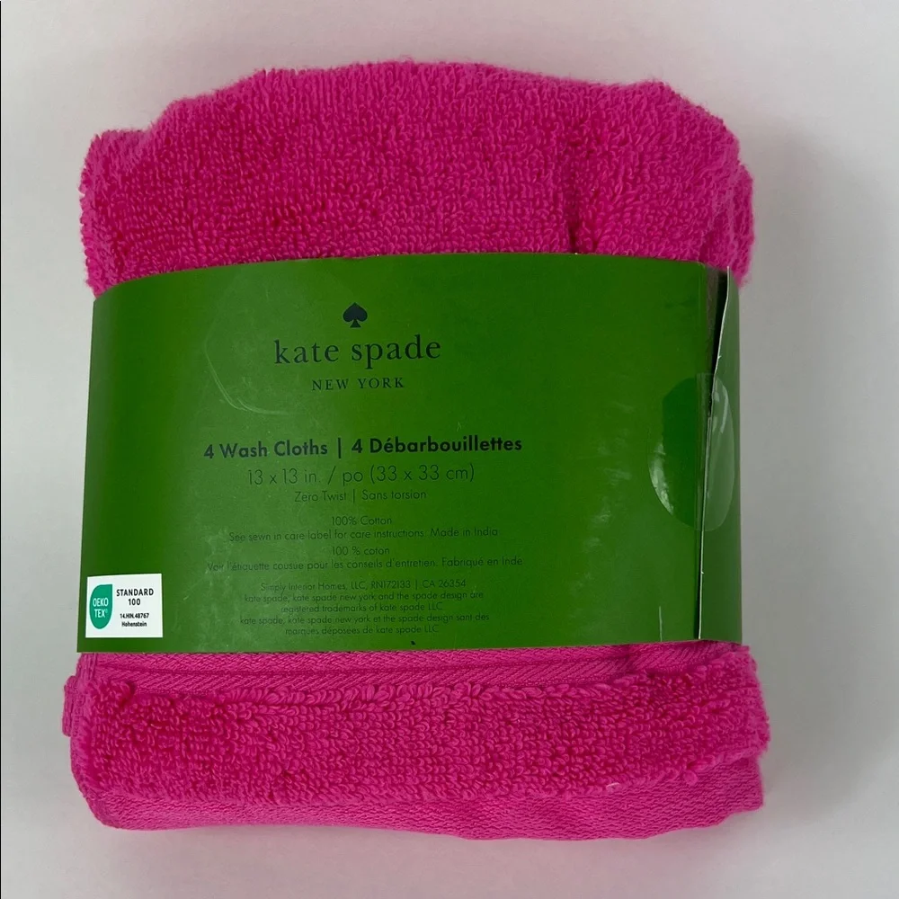 Kate Spade Wash Cloth Set of 4 Bright Pink 100% Cotton 13
